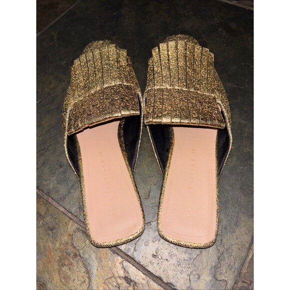Zara Gold Square Toe Mules Slides Metallic Women Fringe EU 38 - Picture 2 of 11